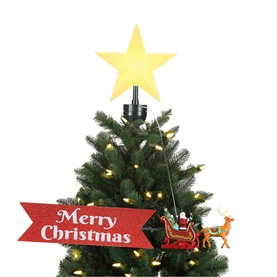 Music Box World Santa Biplane Christmas Tree Topper 25cm, multicolour with LED star, animated Santa sleigh and Merry Christmas glitter banner