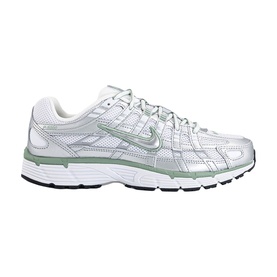 Nike P-6000 trainer in metallic silver and steam white, mesh and synthetic upper, white rubber sole with navy detail