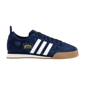 Adidas Samba trainer in Night Indigo with Chalk White suede upper, three stripes, gold branding, and gum sole.