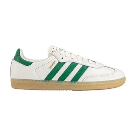 Adidas Samba trainer in off-white leather with green three-stripe detailing, gold branding, and gum rubber sole