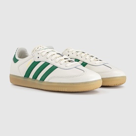 Adidas Samba trainers in off-white with green three-stripe detail, gum sole, lace-up fastening