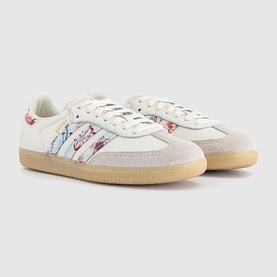 Adidas Samba trainers in off-white with Liberty floral print three stripes, suede toe cap, and gum sole