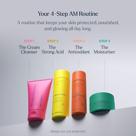 Skin Rocks 4-Step AM Routine featuring The Strong Acid toner alongside The Cream Cleanser, The Antioxidant, and The Moisturiser