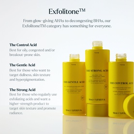Skin Rocks ExfolitoneTM range: The Gentle Acid, The Strong Acid and The Control Acid toners in yellow bottles with branded text.