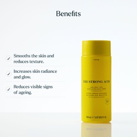 Skin Rocks The Strong Acid toner in yellow bottle, benefits callout showing smoothing, radiance and anti-ageing properties
