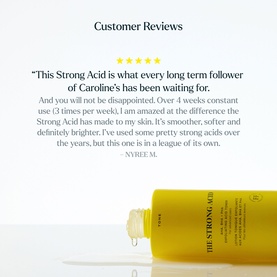 Skin Rocks The Strong Acid toner in yellow bottle, shown alongside a five-star customer review quote