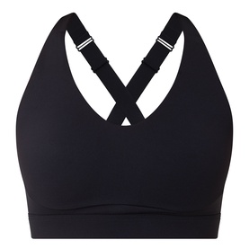 Black sports bra with V-neckline, crossback strap design and adjustable straps with white logo detail