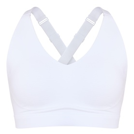 Sweaty Betty sports bra in Dove White with cross-back straps and V-neckline, adjustable clip fastening at back