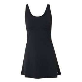 Sweaty Betty black sleeveless dress with scoop neckline, empire waist seam, A-line skirt and small logo detail at hem.