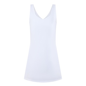 Sweaty Betty white sleeveless mini dress with V-neckline and A-line silhouette, flat lay shot.