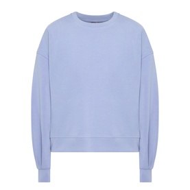 Sweaty Betty Laguna Blue crew neck sweatshirt with dropped shoulders and ribbed cuffs, flat lay product shot
