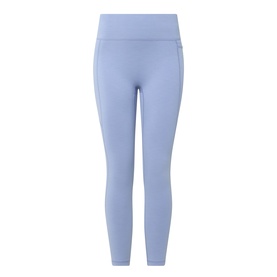 Sweaty Betty leggings in Laguna Blue Marl, high-waisted with side pocket detail, cropped length, flatlay view