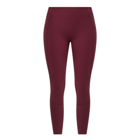 Sweaty Betty Merlot Red leggings with perforated side panel detail, full-length cut, flat lay view.