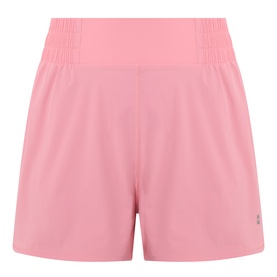 Sweaty Betty melrose pink shorts with elasticated high waistband and relaxed fit, flat lay view