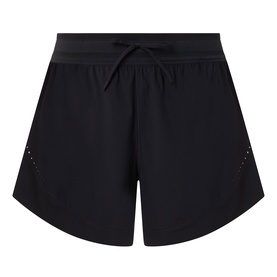 Black sports shorts with elasticated drawstring waist and laser-cut perforated side panel detail