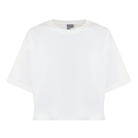 Sweaty Betty cropped T-shirt in Dove White, short sleeves, relaxed fit, ribbed crew neck, ghost shot on white background.