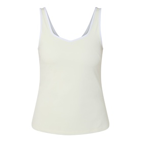 Sweaty Betty tank in Butterscotch Yellow with scoop neckline, wide straps, and ribbed fabric detail at neckline.