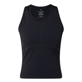 Sweaty Betty black tank top with racerback design, panelled detailing and built-in shelf bra, flat lay view
