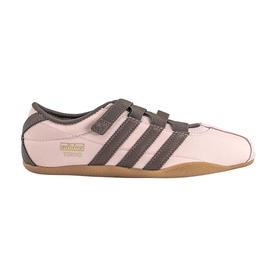 Adidas trainer in Sandy Pink and Earth Strata, three stripe detailing, velcro strap fastening, gum sole, low profile silhouette.