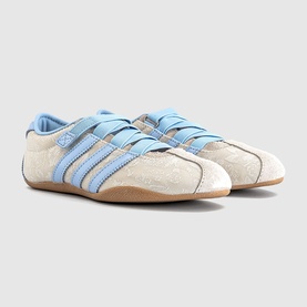 Adidas trainers in Chalk Pearl and Crystal Sky, textured suede upper with light blue three stripes and gum sole