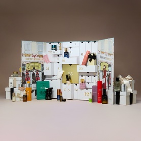 Brown Thomas Beauty Advent Calendar, open box displaying 25 numbered drawers and doors filled with beauty products and miniatures