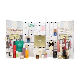 Brown Thomas Beauty Advent Calendar with 25 illustrated drawers, displayed open with miniature skincare, fragrance and beauty products arranged in