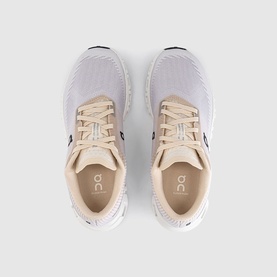 On Running trainers in Sand Wolf, overhead view showing mesh upper, navy lace detail and pale cushioned sole
