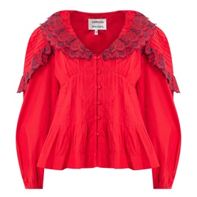 Damson Madder red cotton blouse with lace-trimmed oversized collar, pintuck bodice, and voluminous long sleeves, button-front fastening
