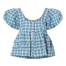 Damson Madder blue check cotton blouse with puff sleeves, scoop neck, button front, and smocked waist detail