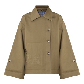 Damson Madder olive cotton jacket with wide sleeves, button front, large chest pocket, and plaid lining detail at collar.