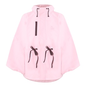 Damson Madder pink polyester cape coat with high neck, drawstring ties, and front bow-detail pockets