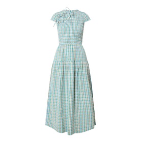 Damson Madder multi check cotton midi dress with smocked bodice, tie neckline, cap sleeves and tiered skirt