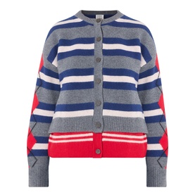 Damson Madder Didi Layered Striped Cardigan in grey, navy, red and white stripe, round neck, button front, ribbed trims