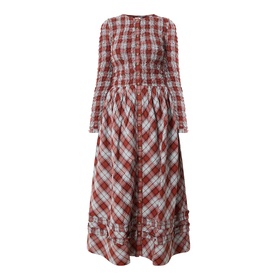Damson Madder Posey Smocked Check Dress in Blue Fog Multi Check, midi length, smocked bodice, long sleeves, ruffle hem, flared skirt