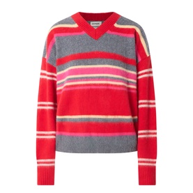 Damson Madder pink and red stripe merino wool V-neck jumper with multicolour horizontal stripes and ribbed cuffs and hem