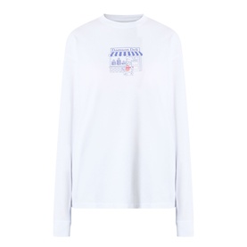 Damson Madder white long-sleeve cotton T-shirt with small illustrated shopfront graphic print at chest