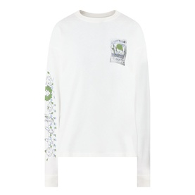Damson Madder Plant Patch Pals T-Shirt in white with green graphic print on chest and sleeve, crew neck, long sleeves, ribbed cuffs