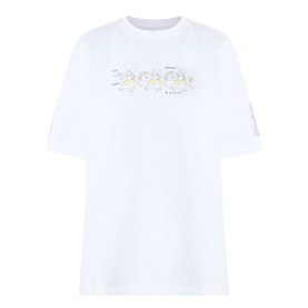 Damson Madder white cotton T-shirt with floral graphic print and small logo detail on sleeve, crew neck, short sleeves