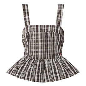 Damson Madder yellow check sleeveless peplum top with square neckline and shirred bodice, 100% polyester