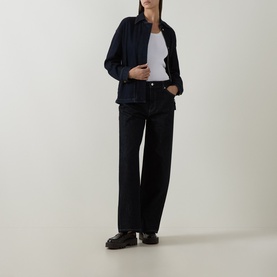 Model wearing Elena Miro Dark Blue Patch Pocket Denim Overshirt with black wide-leg jeans and dark loafers, white T-shirt underneath.