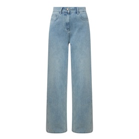 Elena Miro Wide-Leg Jeans in light blue with high-rise waist, five-pocket styling, belt loops, and tobacco stitching in a light wash finish.