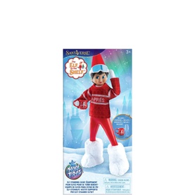 Elf on a Shelf red ski outfit accessory set with white boots and goggles, shown in retail box packaging
