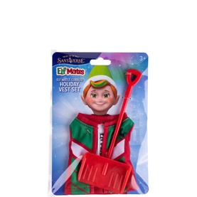 Elf on a Shelf Elf Mates Holiday Vest Set with red elf figure wearing green and red outfit, with red snow shovel accessory