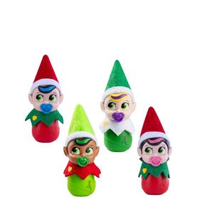 Elf on the Shelf set of four small elf figures in assorted red and green outfits with coloured dummy accessories, soft toy design