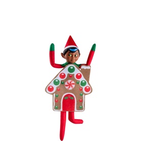 Elf on the Shelf multicoloured elf toy wearing a gingerbread house costume with festive candy decorations