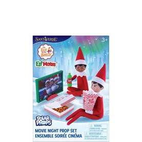 Elf on a Shelf Movie Night Prop Set with elf figure, popcorn, pizza box, and mini TV screen accessories, multicoloured