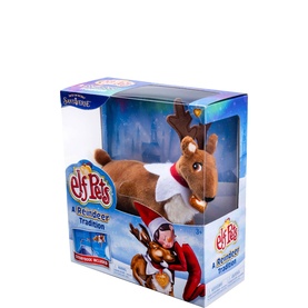 Elf on a Shelf Elf Pets A Reindeer Tradition plush brown reindeer toy with white cape, shown in branded box packaging.