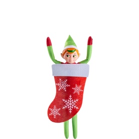 Elf on a Shelf toy elf figure peeking from a red snowflake Christmas stocking, green limbs raised, multicoloured