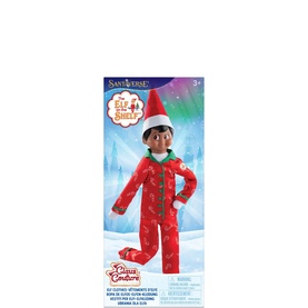 Elf on a Shelf doll in red festive pyjamas, presented in illustrated retail box packaging, age 3+