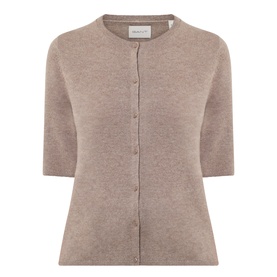 Gant Brushed Knitted Cardigan in sand, crew neck, short sleeves, front button fastening, ribbed trims, soft brushed wool-cashmere knit